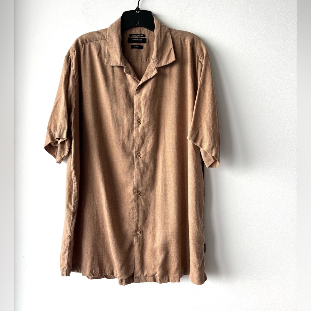 Kenneth Cole Button Up Shirt Slim Fit Linen Brown Short Sleeve Men’s XL